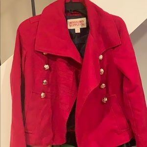 Red peacoat with gold buttons